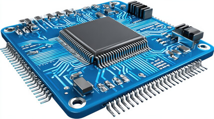 Detailed view of blue circuit board featuring central processing unit, various electronic components, and intricate wiring, showcasing modern technology and innovation