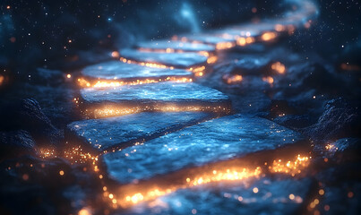Luminous stones guide path through darkness, sparkles, and depth of field creates ethereal, otherworldly feel