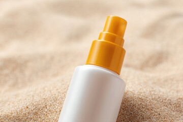 close-up of sunscreen bottle with uv protective label set on sandy beach background
