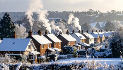 Snowy Suburban Homes With Smoke.