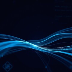 A dynamic, dark blue technology background features flowing code streams and subtle light effects, creating a modern digital atmosphere.