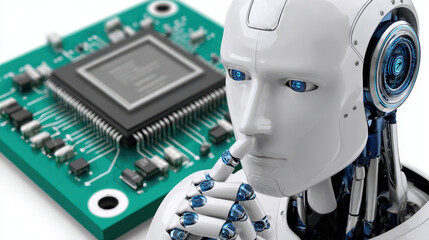Futuristic robot with sleek design and blue accents is positioned front of microchip, symbolizing advanced technology and artificial intelligence. robot appears contemplative, suggesting moment