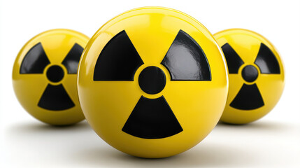 Bright yellow spheres with black radiation symbols represent caution and danger. These objects symbolize nuclear energy and safety warnings, evoking sense of alertness and awareness