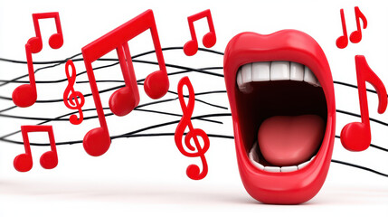 Vibrant red mouth is open wide, expressing joy through song, surrounded by musical notes that flow in dynamic burst. This animated style captures essence of music and creativity