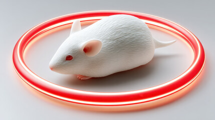Stylized white mouse with red eyes is positioned inside glowing red circular ring, creating futuristic and vibrant atmosphere. design emphasizes blend of technology and nature