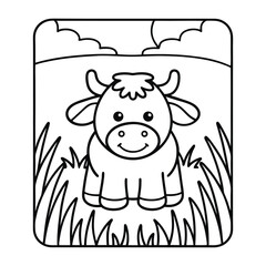 Cute Calf Coloring Page: An adorable cartoon calf sits in a grassy field, perfect for coloring.  Its simple design is ideal for young children.