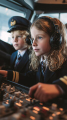 Two young pilots wearing uniform and headphones operating control panel of an aircraft cockpit