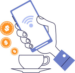 Mobile phone contactless payment for coffee at cafe – digital wallet, NFC technology, wireless money transfer illustration.