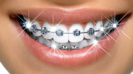 Bright smile featuring braces, showcasing clean white teeth with sparkling effects. image captures joy and confidence of wearing braces, highlighting dental care and orthodontics