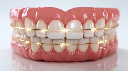 Detailed dental model showcasing set of teeth with braces, featuring clean and polished appearance. braces are adorned with sparkles, emphasizing bright and healthy smile
