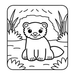 Cute Cartoon Beaver Illustration: A cheerful cartoon beaver sits in front of its home, it exudes an image of charm and nature. This illustration, perfect for children and nature enthusiasts.