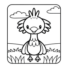 Cute Cartoon Bird: A charming cartoon bird with an adorable expression is depicted in a monochrome illustration, standing amidst simple line art.
