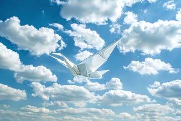 White Origami Crane Soaring in a Blue Sky with Fluffy Clouds Varient 4