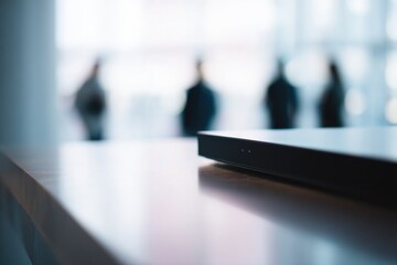 Naklejka premium minimalistic photo showcasing sleek modern electronics with people blurred in background creating dynamic and tech-centric
