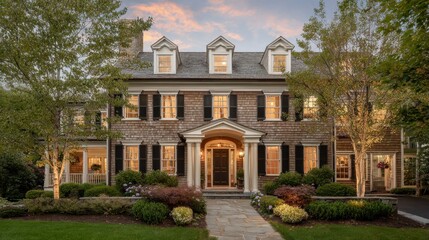 Fototapeta premium Grand exterior home twilight landscaping
