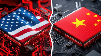Image depicts technological cold war concept, showcasing split screen of microchips featuring flags of USA and China. This visual representation highlights competition in technology and innovation