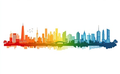 Fototapeta premium Colorful cityscape, skyline silhouette with building, skyscrapers, bridge, and its reflection