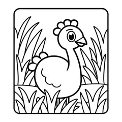Adorable Cartoon Chicken in Lush Grass: a simple cartoon illustration depicting a delightful chicken perched amidst tall, vibrant grass. The image is suitable for educational use, kids' books.