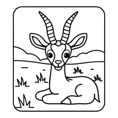 Gazelle Coloring Page: A cheerful gazelle illustration, perfect for coloring, resting peacefully, framed within a scenic view, offering a canvas for creative expression and relaxation.