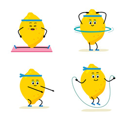 Cute Lemon character. sport - hula hoop, hoop, Skipping rope. concept of a healthy lifestyle and sports. Vector illustration in flat style.