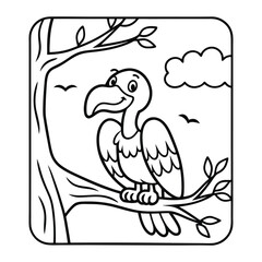 Happy Vulture on Branch: A cheerful cartoon vulture perched on a tree branch, ready for coloring.  This charming illustration features a friendly bird against a simple background.