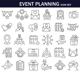Event planning icon set . Icon Symbol, Event, Registration Form, Event Manager. Editable stroke. Vector illustration. EPS 10.