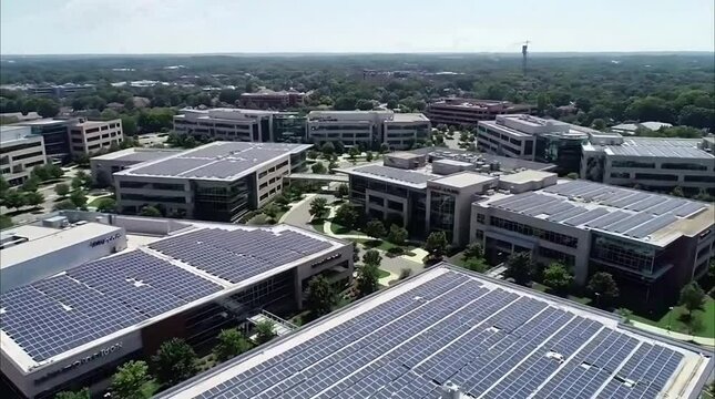 Smart Corporate Campus Aerial Zoom | Solar Panels Tech