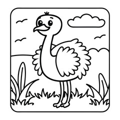 Cute Ostrich Illustration: A charming illustrated ostrich stands tall, its feathers beautifully rendered in a simple, elegant line style. Set against a scenic backdrop.