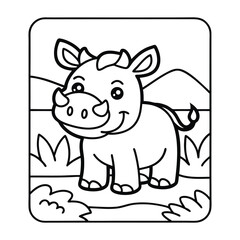 Obraz na płótnie Canvas Playful Rhino Illustration: A cheerful rhino character with an endearing smile, ready for coloring, framed by simple lines.