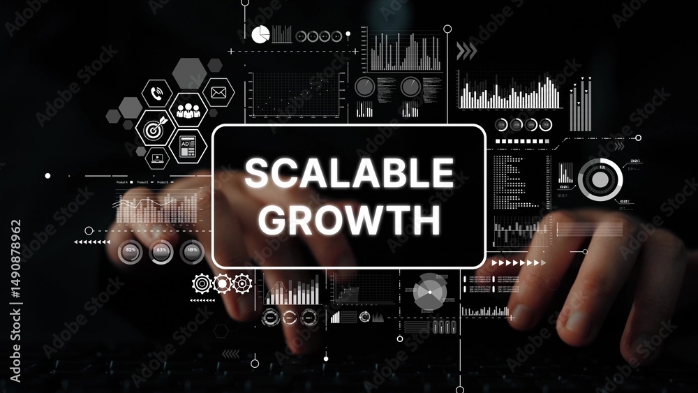 Poster hands typing on keyboard with graphics representing scalable growth and data analysis for business s