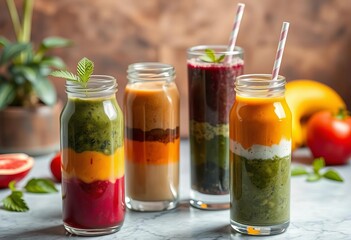 Vibrant layered detox smoothie in glass bottles , red,  immunity