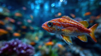 Fototapeta premium Vibrant underwater scene showcasing a colorful fish swimming among coral reefs, ideal for marine life education or conservation themes.