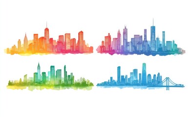 Obraz premium Colorful Skyline Silhouette Collection. Cityscape Buildings on White Background