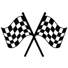  two crossed, waving black and white checkered flags on white background