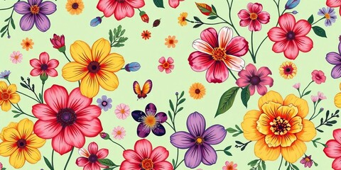 Vibrant hand-drawn floral pattern, colorful blooms on pale green , bright, blossoms