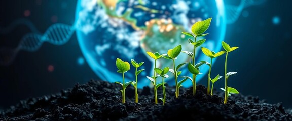 Vibrant green plants sprout from soil, DNA helix entwined, digitally connected Earth in background, bio, stem