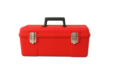 Closed red toolbox with metal clasps isolated on transparent background, ready for various maintenance and repair tasks
