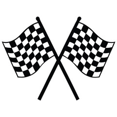  two crossed, waving black and white checkered flags on white background