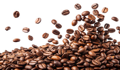 Obraz premium coffee beans flying on air of pile isolated on white background. PNG Transparent file type with high definition quality And vibrant color grading Available.