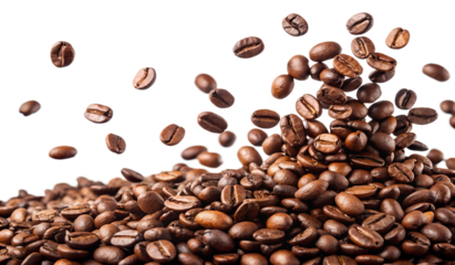 coffee beans flying on air of pile  isolated on white background. PNG Transparent file type with high definition quality And vibrant color grading Available.