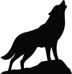 Silhouette of a howling wolf standing on a rock in black and white