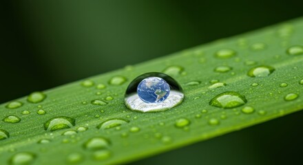 Earth reflected in a dew drop on green leaf symbolizing environmental conservation harmony and global unity in nature's intricate tapestry
