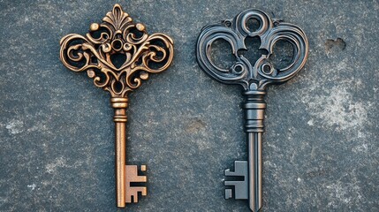 Antique ornate key pair on textured stone background symbolizing secrets security mystery history access vintage aesthetic craftsmanship