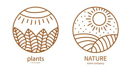 Linear icon of landscape with leaves and sun in circle. logo for a travel, farming and ecology concepts. Vector business.