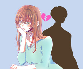 泣く女性と男性のシルエット　割れたハート