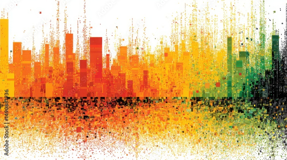 Poster urban landscape transformed with colorful paints representing an ai-curated trader reactivity heatma