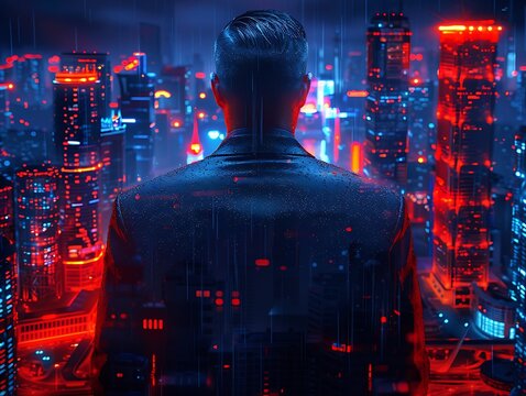 Man looking at futuristic city at night