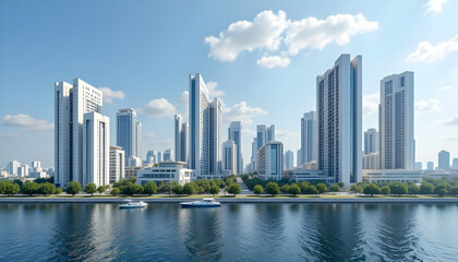 Naklejka premium Futuristic Modular Buildings in a Vibrant Urban Skyline