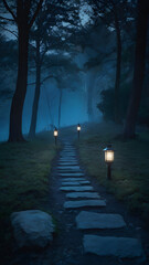 Fototapeta premium A mystical pathway illuminated by lanterns leading through a foggy forest at twilight or dusk time