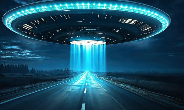 Flying saucer over road at night